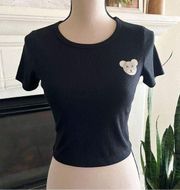 Obsessive Love Retro Black Ribbed Crop Top With Bear Accent Size L