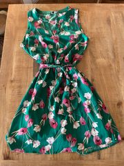 Green Floral Tie Waist Dress