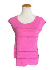 Womens Ann Taylor Loft Pink Berry Ruffle Detail Casual Everyday Tee Shirt - Sz S