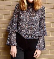 primark floral ruffle bell sleeve blouse black size 6