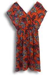 Lands’ End Orange Floral Pin-tuck V Neck Short Sleeve Midi Dress