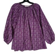 Roberta Roller Rabbit Womens Purple Floral Pleated Cotton Silk Blouse Sz Large