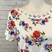 RAFAELLA T-Shirt w Lacing & Grommets White Floral Print-Large