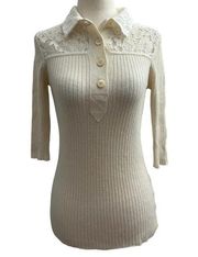 See By Chloe Women Size XS Cream Knitted Top Lace Collared 3/4 Sleeve (6-741)