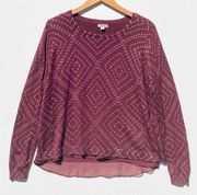 LUCKY BRAND Layered Crewneck Sweater Burgundy with Gold Metallic Pattern size m