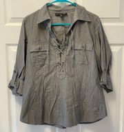 NWOT Lafayette 148 New York Gray Lace-Up V-Neck Roll-Tab Top Women's Size 10