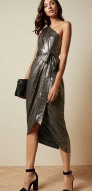 💕TED BAKER💕 Gabria One Shoulder Drape Midi Dress ~ Metallic Gold US 12 NWT