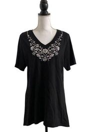 Denim & Co. Casual Short Sleeve Embroidered Top Black & White Ladies Large