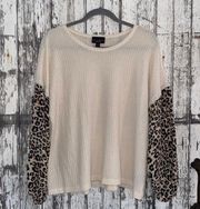 Cream waffle knit with cheetah sleeves top