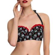 Sugar Skull Floral Polka Dot Swim Top Black Red Small