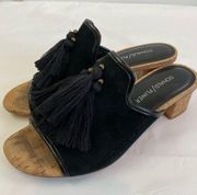 Donald Pliner Marra Mule Slide Sandal Black Suede Sz 6 Tassels Cork Low Heel