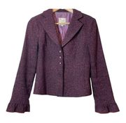 Nanette Lepore Purple Wool Silk Blend Tweed Blazer Suit Jacket 6  Ruffle Sleeve