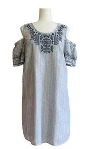 Knox Rose Dress Blue White Stripe Embroidered Cold Shoulder Boho Shift Medium