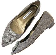 Manolo Blahnik Hangisi Gold Silver Metallic Lurex Crystal Buckle Pointed Flats