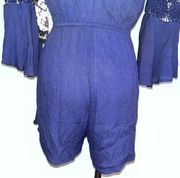 HINT OF  Navy Blue Floral Crochet Off The Shoulder Romper Small NWT