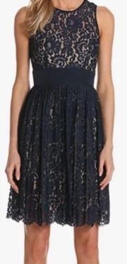 Eliza J Navy Blue Gathered Lace Dress Fit & Flare Sleeveless size 4