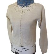 CARDIGAN COTTON SWEATER LOVELY VTG IVORY KNIT CROCHET FLORAL DETAILS BUTTONS S