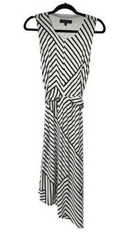 RACHEL Rachel Roy White Black Zig Zag Striped Asymmetric Sleeveless Sash Belt Dr