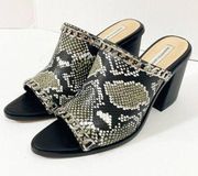 Snake embossed peep toe mules, womens 7.5 python pattern chain trim chunky heels