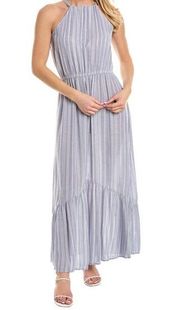 Lovestitch High Neck Chambray Blue Ivory Stripe Maxi Dress L