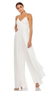 Mac Duggal Flowy Faux Wrap Jumpsuit White Chiffon Pleated V-Neck Medium M NWOT