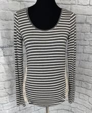 Paper+Tee women M Longsleeve scoopneck stripe top w/lace sides grey & white 