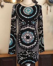 tribal print long sleeve silk dress