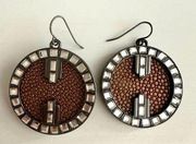 Leighelena Bronze Stingray Leather Round Drop Earrings w/ Gunmetal Crystal Frame