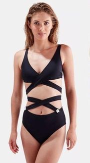 NWT Revolve Solid & Striped Black The Lauren Strappy Bathing Suit Floral