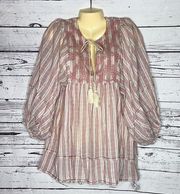 By Together Collection NWT Sz S/M Stripe Embroidery Keyhole Tassel Peasant Shirt