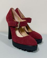 Red Burgundy Suede Mary-Jane Oxfords Mules Pumps Stilettos Heels Shoes Size 9 👠✨