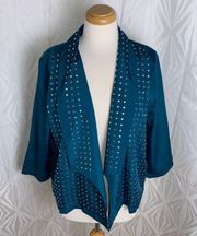 Teal Lightweight Open Jacket Silver Stud Accents 3/4 Sleeves