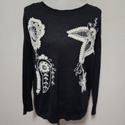 Chaps Valley Inn Black floral embroidered sweater size lp