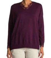 Adrianna Papell Purple Lace Trim V Neck Sweater Size L