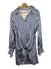 New SkyLar Rose Striped Satin Tie Front Shirt Mini Dress Blue White size Medium