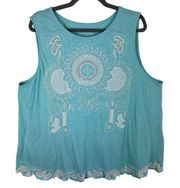 Soft Surroundings 100% Cotton Pastel Blue Embroidered Ruffled Tank Top Size 2X