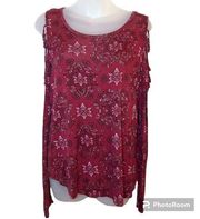 Burgundy Floral Print Long Sleeve Cold Shoulder Top Size Large