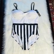 New York & Company Black and White Striped Color Block Swimsuit