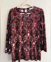 Jones Studio Tunic Top Women's Plus Size XL Red Damask Print Cutout Accents