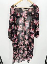 REVERSE Sweater Women SMALL Black Pink Floral Sheer Open Front Duster Kimono