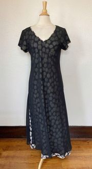 Vintage 90’s Goth Black & Green Floral Short Sleeve Maxi Dress