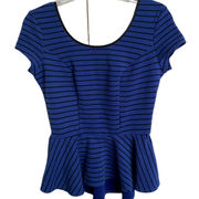 Xhilaration Shirt Womens Small Blue Black Striped Short Cap Sleeve Peplum Top