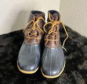 Sperry Saltwater Duck Rain Boots Leather Rubber Brown Navy Women's 11