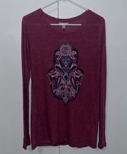 Lucky Brand  Lotus Hamsa Hand Long Sleeve Sleeve T Shirt Tee Top Boho Yoga M