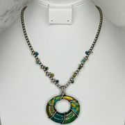 Chico's Blue and Green Pendant on Silver Tone Box Chain Necklace