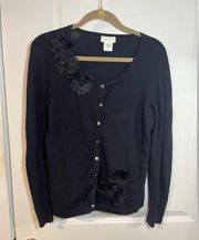 Kate Hill Black Modern-Chic Fabric Flowered Cardigan Sweater Size Medium