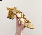 Freya Knotted Strappy Block Heeled Sandals in Mustard Snakeskin Size UK 5