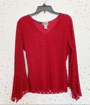 Billblass Vintage Red Lace Flare Sleeve Top