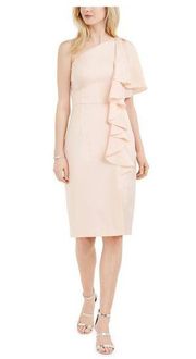 Vince Camuto Ruffle Knee Length Sheath Dress Women's 2 Pink Blush One Shoulder