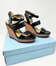 Antonio Melani Sean Black Leather Strappy Wedge Sandal Heels US 7.5